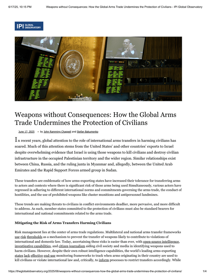 Weapons without Consequences: How the Global Arms Trade Undermines the Protection of Civilians