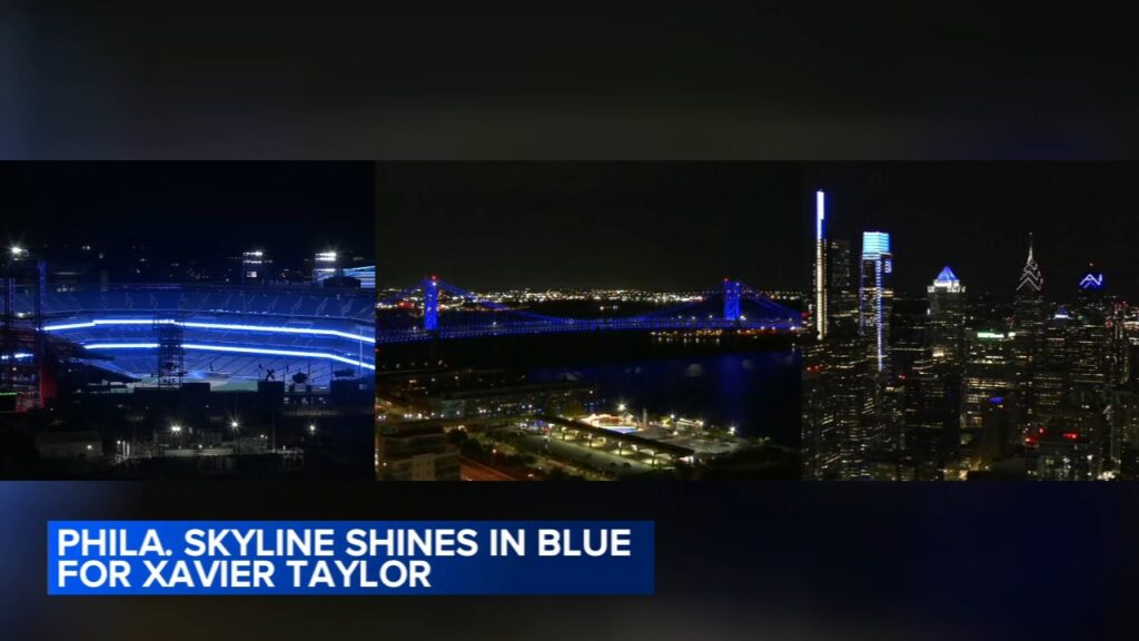 Philly skyline, sports complex lights up in blue for injured NJ baseball player