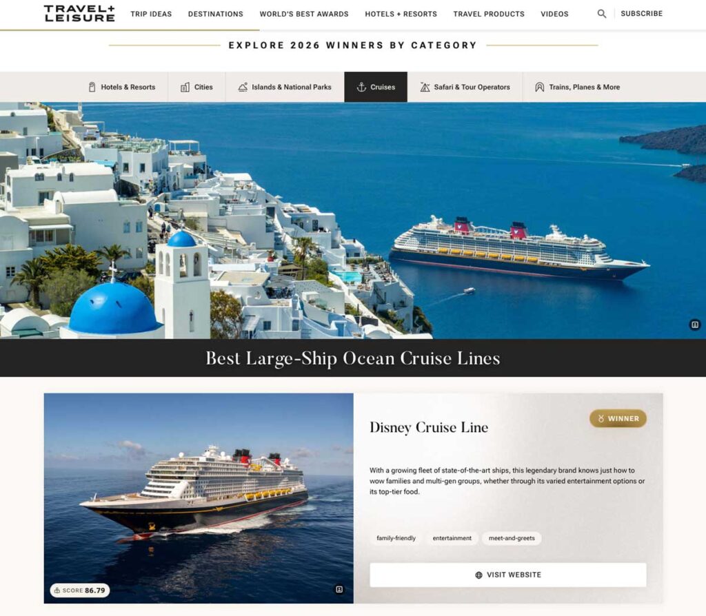 Travel + Leisure Ranks Disney Cruise Line Best Large-Ship Ocean Cruise Line in World’s Best Awards 2026 • The Disney Cruise Line Blog